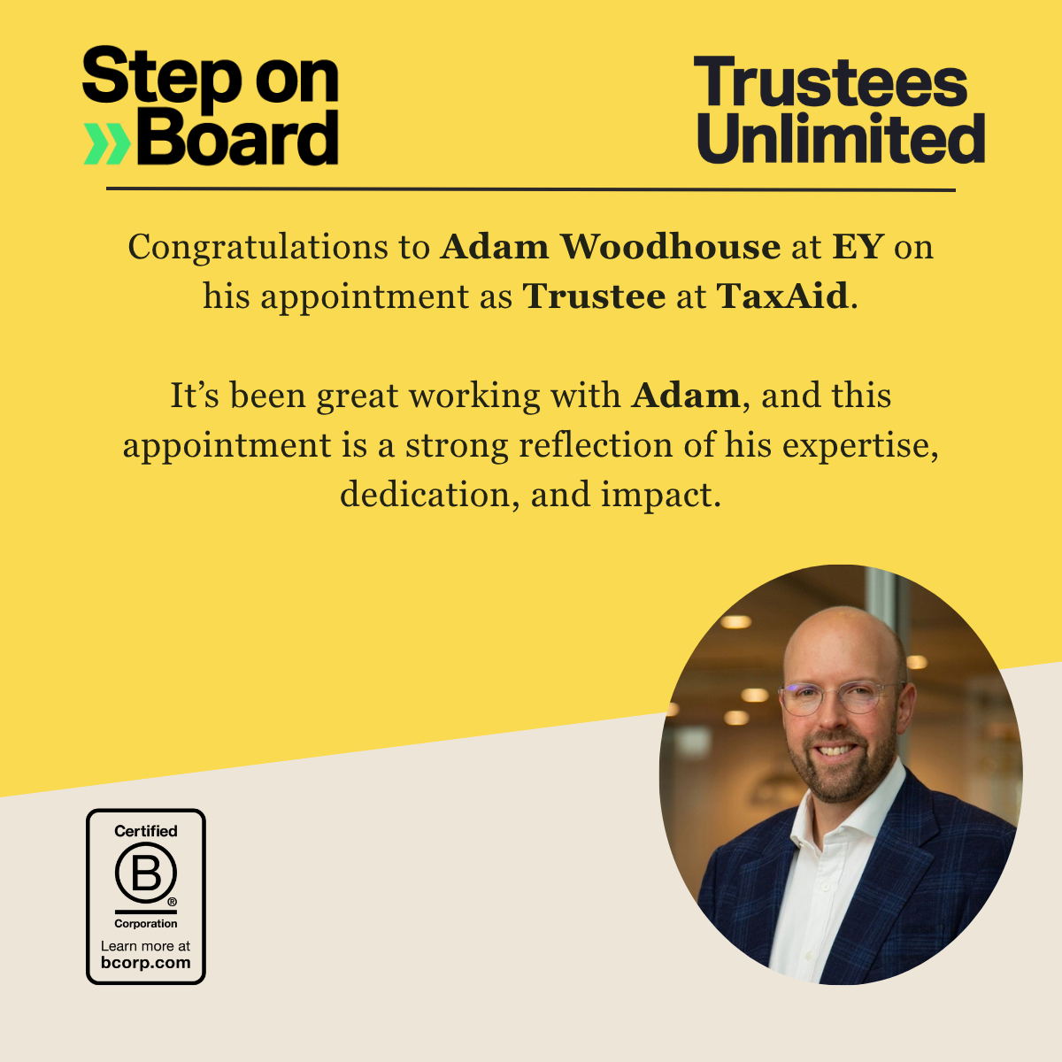 Adam Woodhouse of EY appointed as a Trustee at TaxAid through the Step on Board programme